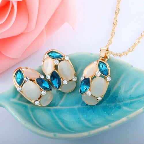 Brand Design Cute Opal Jewelry Sets Pendant Necklaces Earrings For Women Wedding Color Crystal Jewelry parure bijoux femme