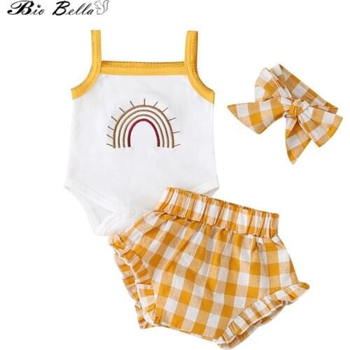 Newborn Baby Girl Sets Strap Tshirt+ Ruffle Bloomers+Hairband 3 PCS Plaid Girls Set Toddler Infant Clothing