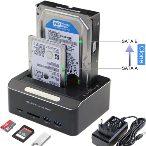 2 Bay Hard Drive Docking Station USB 3.0 to SATA For 2.5"/3.5" HDD SSD With 2x USB 3.0 Hub TF/SD Card Reader Offline Clone UASP