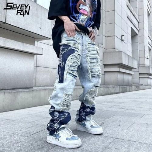 Men Blue Hole Hip Hop Jeans Jesus Cross Patchwork Destroy Distressed Ripped Streetwear Harajuku Denim Pants Fashion Clothes Male