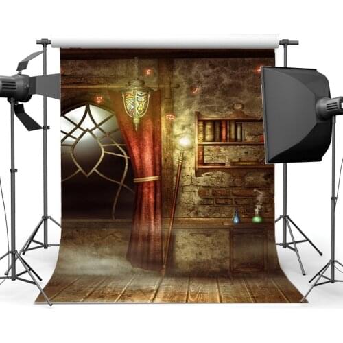 Photography Backdrops Halloween Horror Night Arch Window Lantern Red Curtain Wood Floor Background