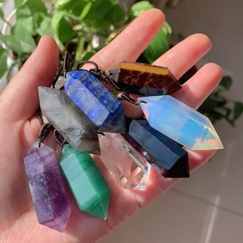 Hexagonal Point Big Bullet Pendulum Quartz Stone Crystal Necklace Amulet Natural Amethysts Obsidian Lapis Opal Pendant Necklace