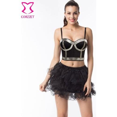 Gothic Studded Silver Tube Beads Bralette Push Up Bustier Crop Top Tutu Skirt Set Burlesque Club Bra Dress Punk Rave Brassiere