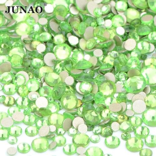JUNAO SS6 8 10 12 16 20 Emerald Green Mix Size Glass Nail Rhinestones Flatback Crystal Strass Appliques Non Hotfix Stone Crafts