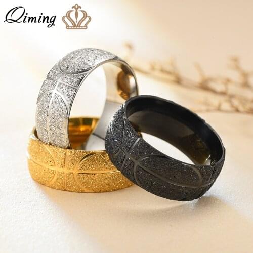 QIMING Stainless Steel Basketball Men Rings Abrazine Symbol Fitness Sports Jewelry Couple Women Finger Ring Bague Gift