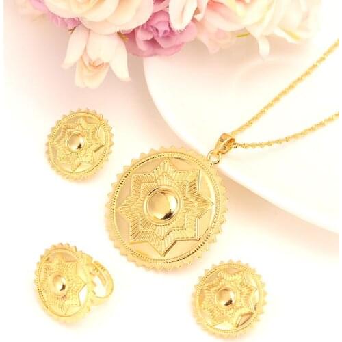 18 k Solid G/F Gold star polka dot Jewelry Set Habesha Eritrean Women Fashion Gong Ring earrings pendant