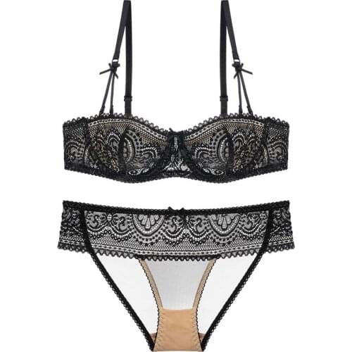 Sexy elegant palace style ultra thin half cup bra set ladies embroidered lace underwear set + ruffles delicate panties CYHWR