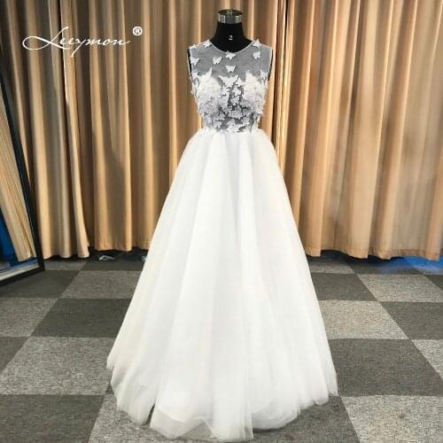 Leeymon Simple Tulle Beach Wedding Dress Butterfly Lace Boho Wedding Dress Robe de Mariee LY7283