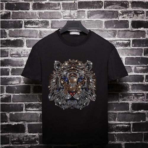 2021 British style Animal Rhinestones T Shirts Men Summer Clothes Short Sleeve Man Streetwear O Neck Slim Tshirts