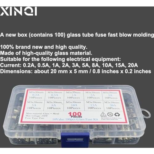 100Pcs Set 5x20mm Quick Blow Glass Tube Fuse Suit combin Assorted Kits,Fast-blow Glass Fuses0.2A0.5A 1A 2A 3A 5A 8A 10A 15A 20A