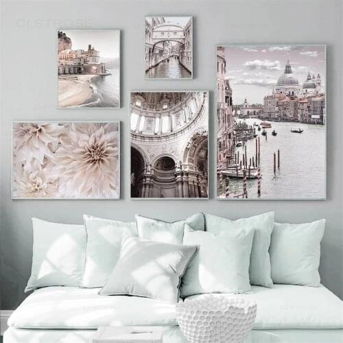 Pink Architecture Flowers Wall Art Poster Watertown Landscape Canvas Painting Nordic Home Decoration Living Room Art Pictures