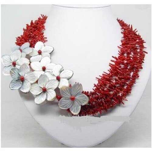 Charming !!! natural red coral shell flower necklace >>> Free shipping