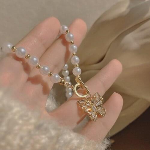 Huge Bud CZ Butterfly Pendant Necklaces Simulated Pearl Toggle Clasp Clavicle Chain Collar for Women Girl Fashion Jewelry Gift