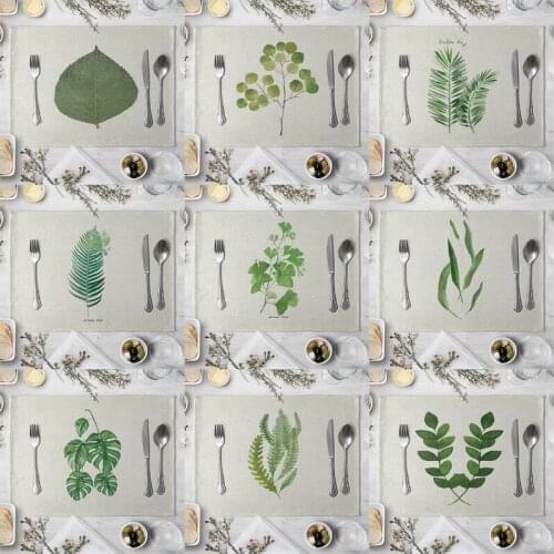 Green Leaves Pattern Placemat Dining Table Mat Cotton Linen Pad Green Plant Drink Coasters Kitchen Accessory