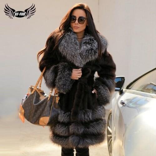Luxury Natural Mink Fur Coat For Women WInter Long Genuine Mink Fur Jacket With Sliver Fox Fur Collar And Bottom Fashion Outwear