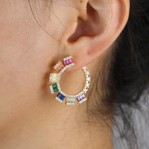 Baguette rainbow colorful cz Circle hoop earring 2020 new fashion luxury gorgeous women lady trendy huggie earring jewelry