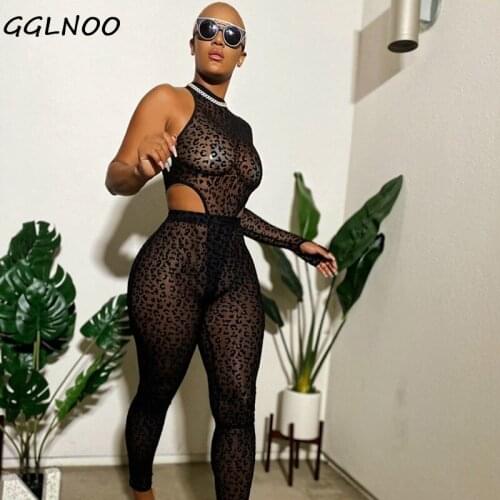GGLNOO Instinct Mesh Bodystocking Leopard See Through Velour Long Sleeve Rompers Two-Piece Suit Sexy Midnight Clubwear GG232011