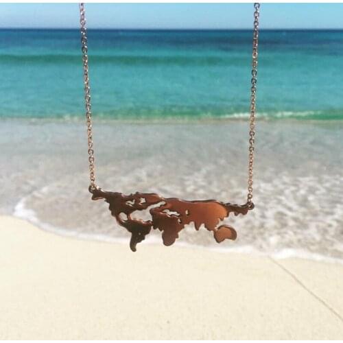 Somsoar Jewelry Rose Gold World Map Neklcae Stainless Steel Chain Necklace with 45cm+5cm Link Chain for Women as Gift 10pcs/lot