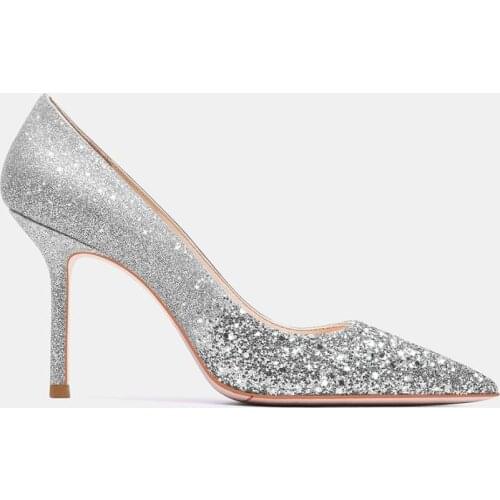 Free shipping fashion women pumps sexy lady silver glitter strass pointy toe stiletto heels bride wedding shoes 10cm