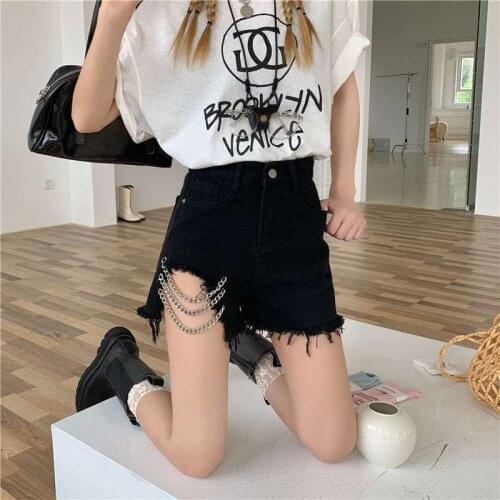 SLPBELY Women Black Denim Shorts Summer Sexy Chain Button Denim Shorts High Waist Harajuku Tassel Design Streetwear Jeans 2021
