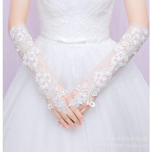 New Ladies Sweet Embroidery Floral Lace Long Gloves Sheer Mesh Length Bridal Wedding Prom Sunscreen Fingerless Mittens