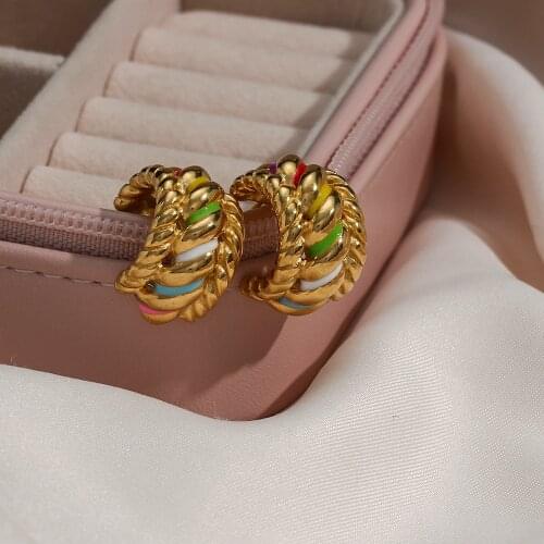 Trendy Gold Plated Stainless Steel Twist Colorful High End Jewelry Studs Earrings For Women Ladies Girls Party Gift
