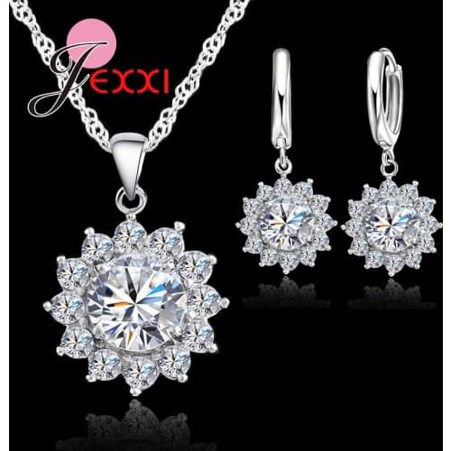 Solid 925 Sterling Silver Shiny Austrian Crystal Bridal Jewelry Sets For Women Wedding Cubic Zirconia Necklace Earrings Gift