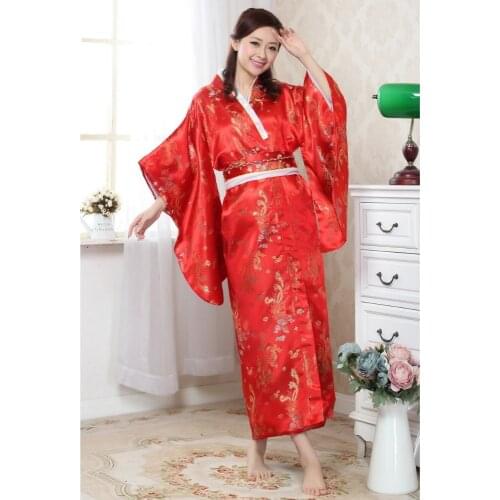 Vintage Red Japanese Traditional Womens Silk Kimono Printed Yukata Bath Gown Dress Dragon Phenix Pattern One Size