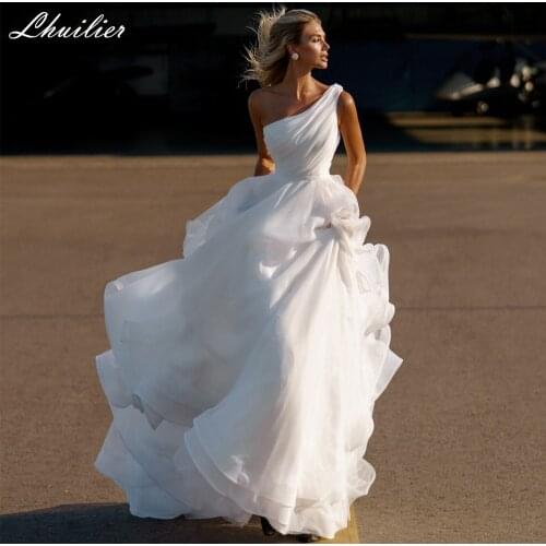 Lhuilier Womens A Line One Shoulder Organza Wedding Dresses 2021 Floor Length Sleeveless Pleated Court Train Bridal Gowns