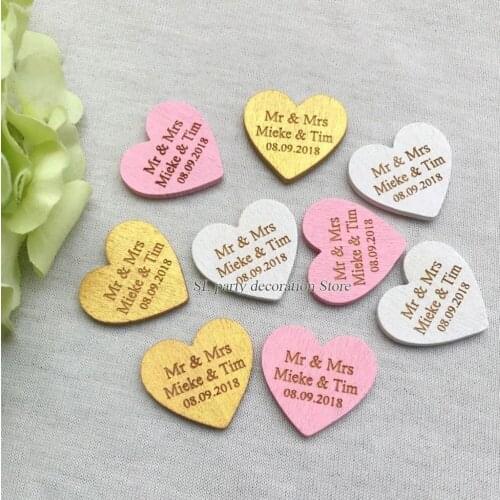 100pcs Personalized Engraved Wedding Name Date Wooden Love Heart Tags Bridal Shower Favors Table Decor 30*29mm