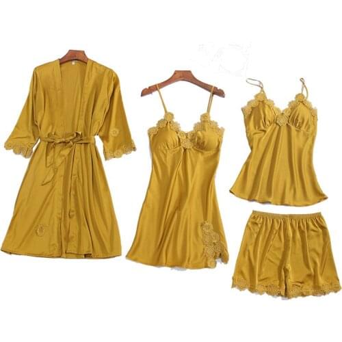 2020 New Style Slip Nightdress Nightgown Suspender Shorts Four-piece Set-Europe and America with Chest Pad Home Wear