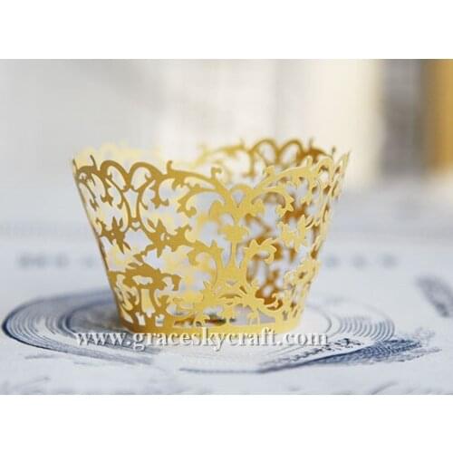 60pcs Hot sale Hollow Lace Vine Laser Cut gold Wedding Cupcake Wrappers Baking Cake Liner Party Cupcake accessory , 23 colors