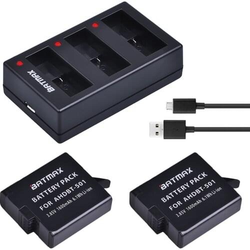 Batmax 2PCS 1600mAh For Gopro 5 Gopro 8 AHDBT-501 Battery +3-Slots USB Charger for GoPro Hero 5 Gopro 6 Gopro 7 Action camera