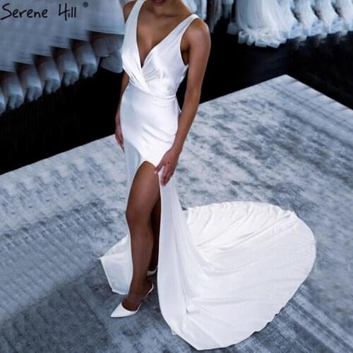 White Simple Mermaid Sexy Evening Dresses 2020 Satin V-Neck Sleeveless Formal Dress Women Elegant Design Serene Hill BLA70634