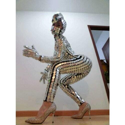 Sparkly Silver Sequins Women Jumpsuit Gloves Nightclub Dance Wear Full Mirror Leggings Prom Celebrate Outfit Performance Clothes