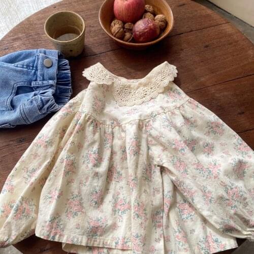 Korean Style New 2021 Autumn Baby Girls Floral Printed Blouses Lace Collar Toddlers Kids Princess Shirts Children Tops