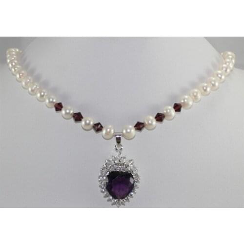 18" white shell pearl & purple crystal heart-shape pendant necklace for party and anniversary