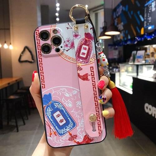 Sumkeymi Wrist Strap Chinese Culture Pattern TPU Cover Phone Holder Case For iphone 11 12 7 8 Plus mini Pro Max X XS XR