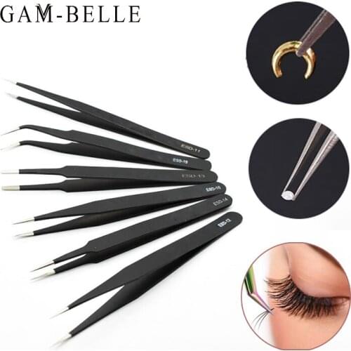 GAM-BELLE 1Pc Stainless Steel Black Nail Rhinestone Picking Tools Eyebrow Tweezer False Eyelash Extension Tweezers Nail Art Tool