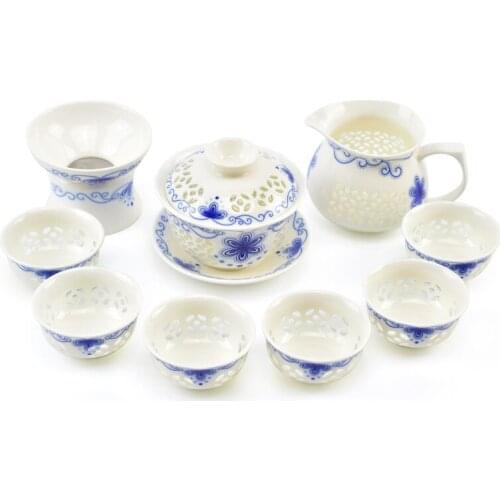 Hot sale Hollowed out transparent tea pot cup set ,Jingdezhen ceramic Blue white Porcelain tea pot cup pu'er Kung Fu tea set