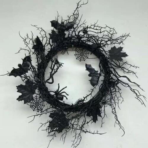 Halloween Artificial Black Wreath Creepy 3D Faux Spider Bat Leaf Ornament Rustic Front Door Twigs Garland Home Window Wall