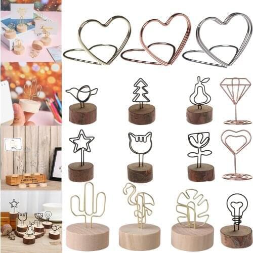 New Creative Wooden Base Photo Clip Picture Frame Iron Card Holder Home Desktop Ornament Message Folders Round Frame Decor Tools
