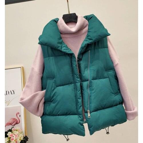 Fashion Korean Puffy Coat Short Cotton Vest Women Thick Quilted Sleeveless Jacket Cute Sweet Loose Green Winter Vest Female XL