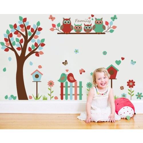Cartoon Owl Family wall sticker PVC Material DIY Big tree owl wall decals For Childrens room kindergarten wall decor sticker