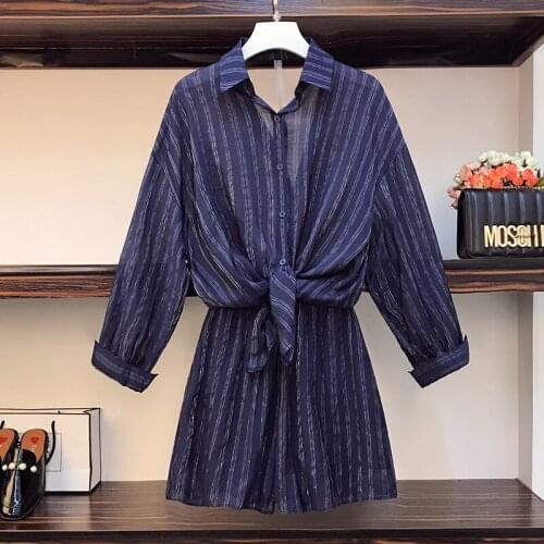 2021 spring summer new striped sunscreen shirt fashion loose wide-leg shorts two-piece suit casual ensemble femme survetement