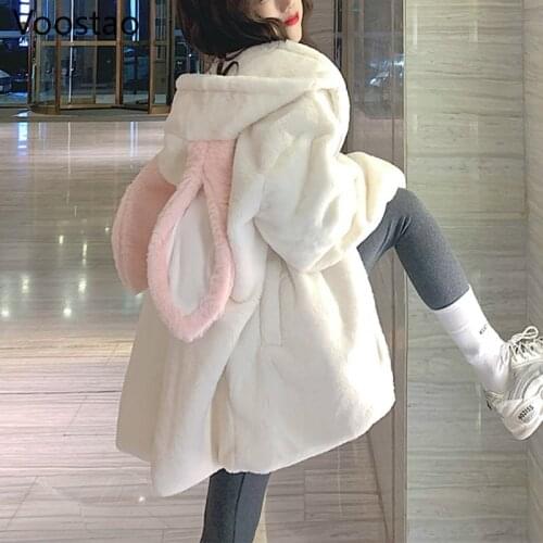 Autumn Winter Gothic Harajuku Couple Hoodies Cute Rabbit Ears Black Hooded Outwear Women Sweet Korean Loose Warm Plush Coats