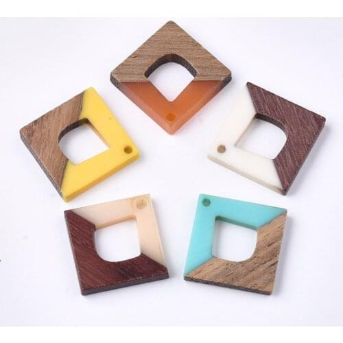 50pcs Resin & Walnut Wood Pendants Rhombus Mixed Color 27x27x4mm, Hole: 2mm