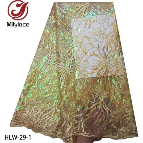 Latest French Net Lace Fabric Elegant African Tulle Lace Sequins Nigerian Lace Fabrics Wedding 5Yards HLW-29