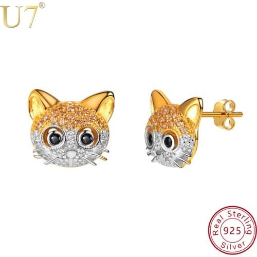U7 925 Sterling Silver Cat Kitty Stud Earrings Ear Stud Earring For Women Girls Cubic Zirconia Jewelry Brincos Bijoux Gift SC180