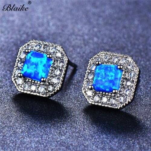 Blaike Small Square Blue/White Fire Opal Stud Earrings for Women Wedding Jewelry Silver Color Birthstone Earrings